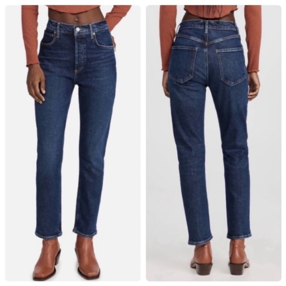 Agolde Denim - Agolde Riley Long High Rise Straight Leg Jeans Dark Blue Wash Size 31 Luxury